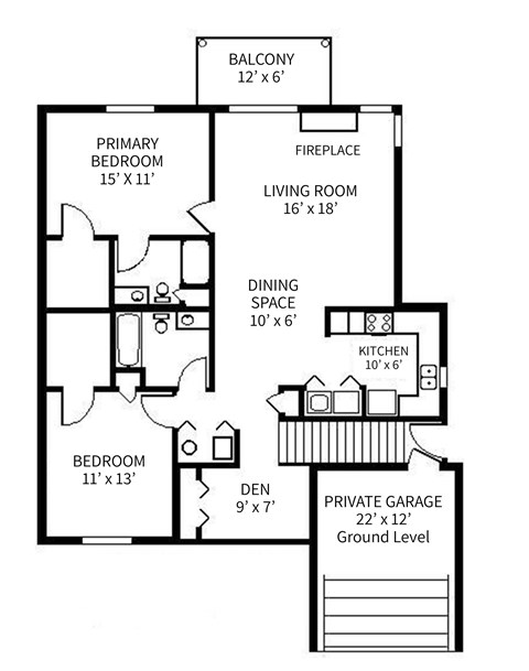 Floor plan for 2 beds, 2 baths, 1190 sqft